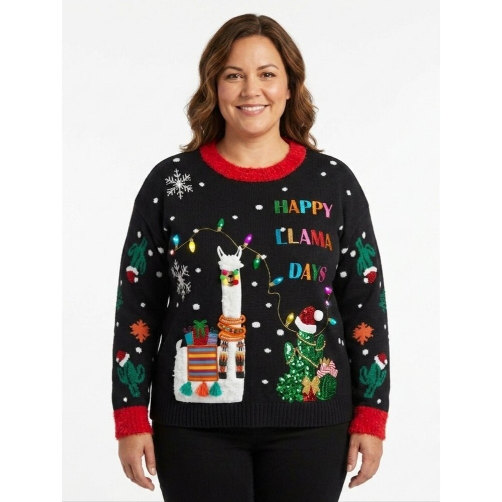 Happy Llama Ugly Christmas Sweater Embroidery Sequins Colorful Bling Women's L